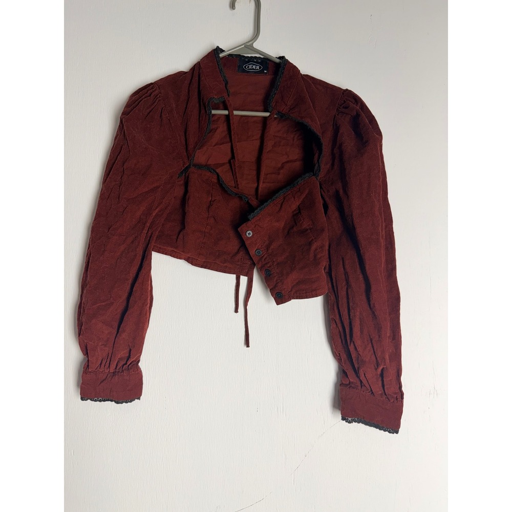 Cider Burgundy Corduroy Shrug Bolero Lace Trim Button Front Crop Top Medium